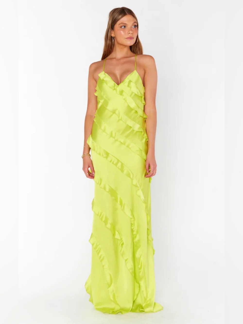 NWT Show Me Your Mumu Romance Ruffle Dress in Citrine Luxe Satin, Size Small